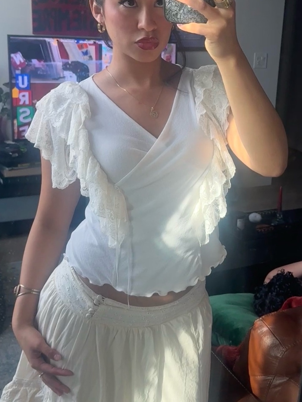 White Ruffled V-Neck Women's Top